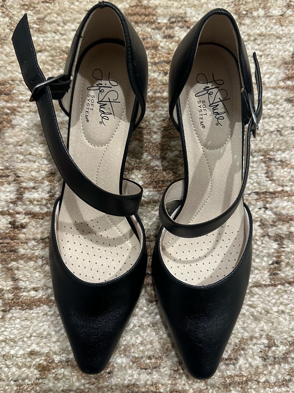 Life Stride Black Pointed-Toe Ankle-Strap Suki Pumps